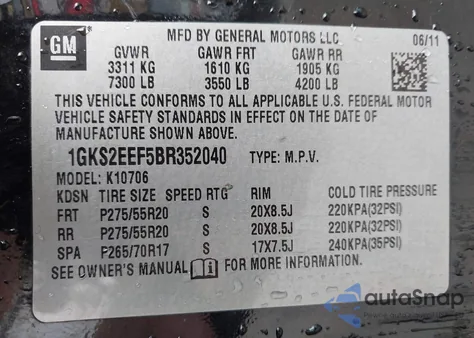 2011 GMC Yukon Denali из США, поврежденный, VIN 1GKS2EEF5BR352040